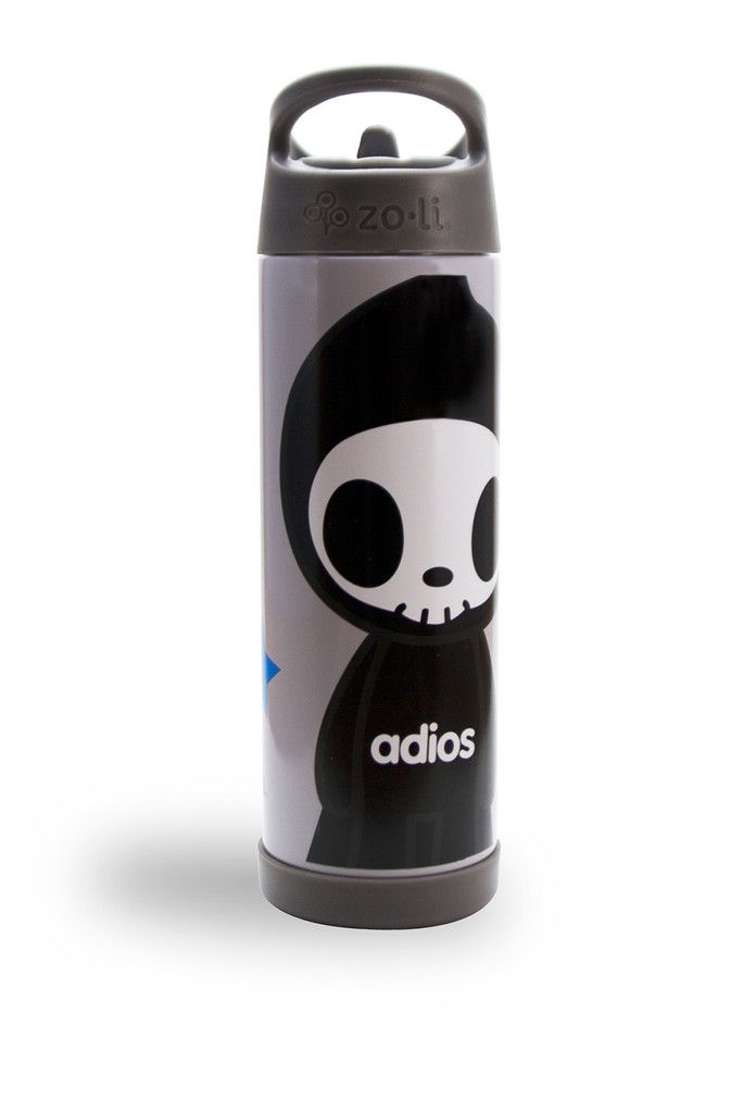 Adios the reaper chills on a Tokidoki x ZoLi water bottle.