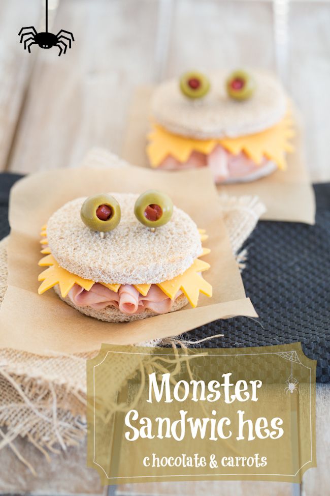 Easy Halloween school lunch ideas | Monster Sandwiches at Chocolate and Carrots