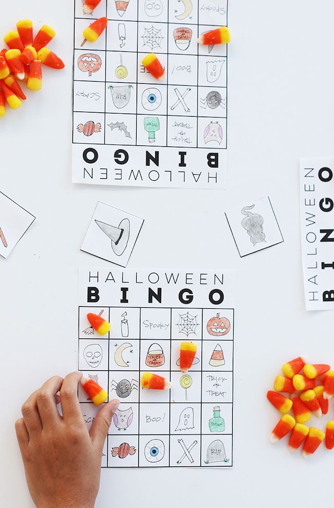 best Halloween games for kids: How brilliant are the candy corn bingo chips, and this free printable Bingo game at Alice and Lois?