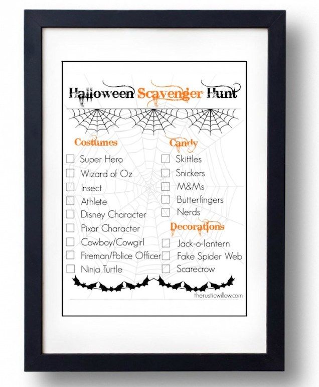 best Halloween games for kids: While you're trick or treating, compete in a scavenger hunt too with this free printable list at Rustic Willow.