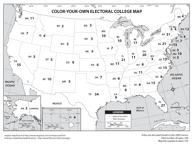 Fun political activities for kids: We love this printable map of the electoral college by Elizabeth Perry at Flickr, so we can keep track as the results come in.