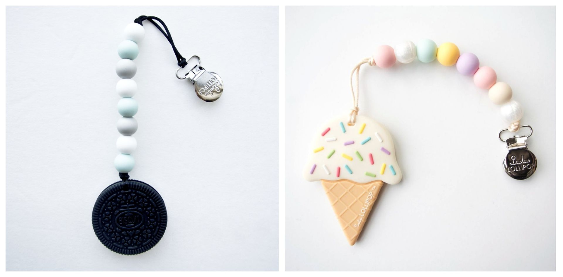 Adorable cookie and ice cream teethers with colorful bead clips from Spearmint Love.