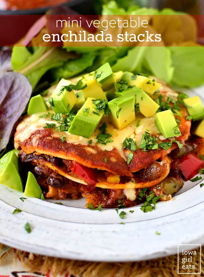 Cool Mom Eats Weekly Meal Plan: Mini Vegetable Enchilada Stacks at Iowa Girl Eats -- perfect for #MeatlessMonday