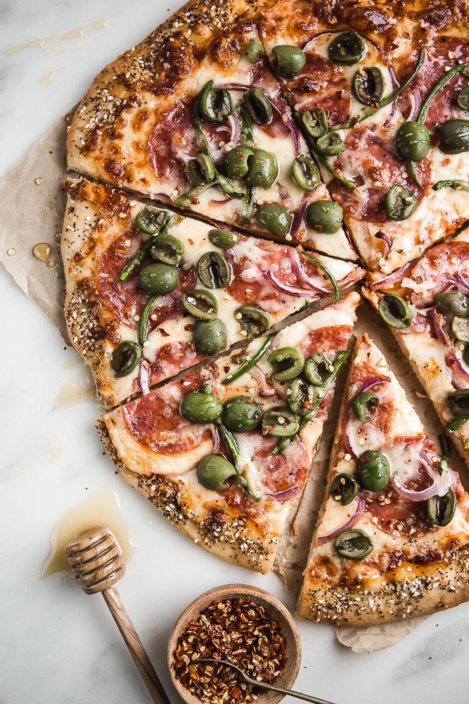 Cool Mom Eats weekly meal plan: Salami, Jalapeno & Olive Pizza with Honey at The Modern Proper