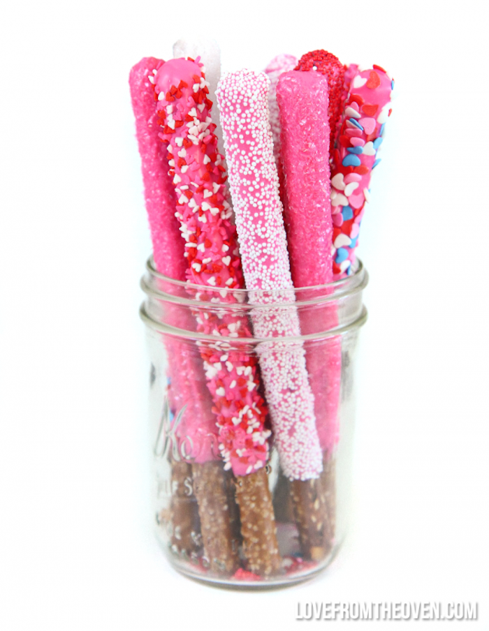 Valentine's Day classroom treats: Chocolate Dipped Pretzel Rods at Love from the Oven