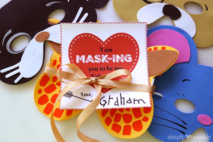 Non-candy Valentine's Day classroom treats: Animal Mask Valentines by Simply Notable