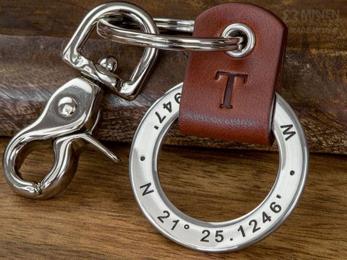 Best adoption gifts: A keychain from Maven Metals with the adoptive child's birth coordinates on it.