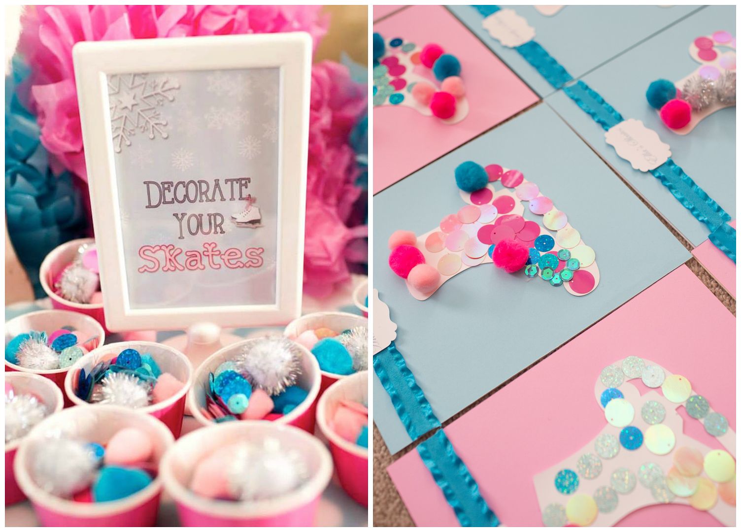 Winter birthday party themes: skate decorating activity by Charming Touch Parties