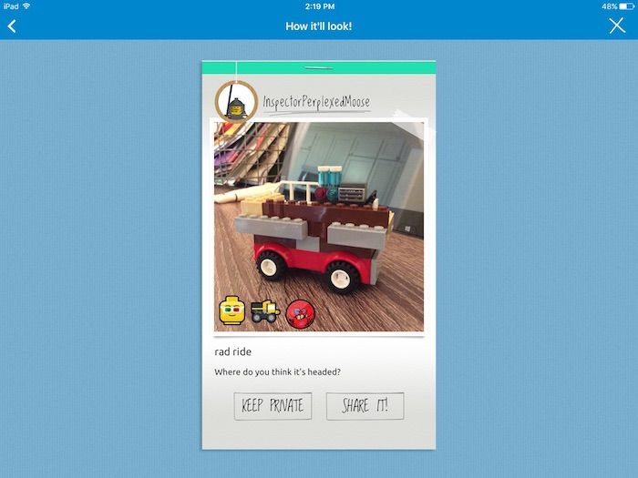 Add stickers and captions to your LEGO photos in the LEGO Life social media app for kids.