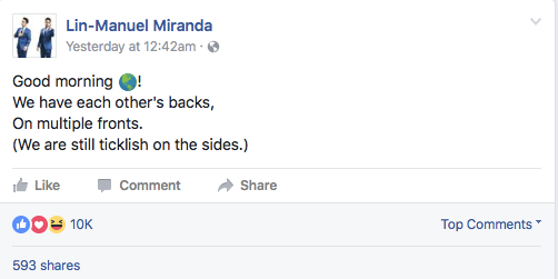 Post uplifting content on your wall, and you'll start to see more of it in your feed. | Facebook update from Lin-Manuel Miranda