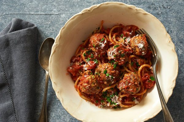Cool Mom Eats weekly meal plan: Spaghetti with Drop Meatballs by Mark Bittman | Photo by Melina Hammer at The New York Times