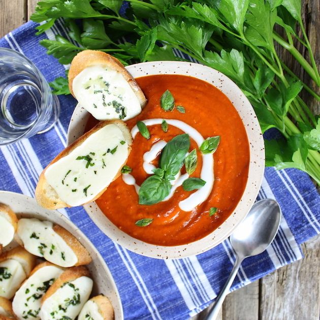Family friendly dinners under 500 calories: Tomato Soup and Grilled Cheese is a favorite, and this version from Taste and See is sophisticated and low-cal.