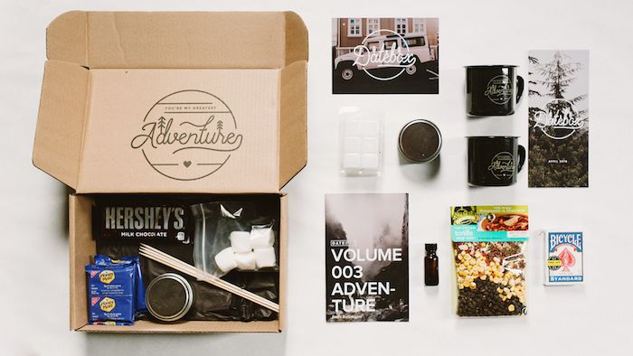 Datebox's Adventure date box, with camping-themed activities and gifts.