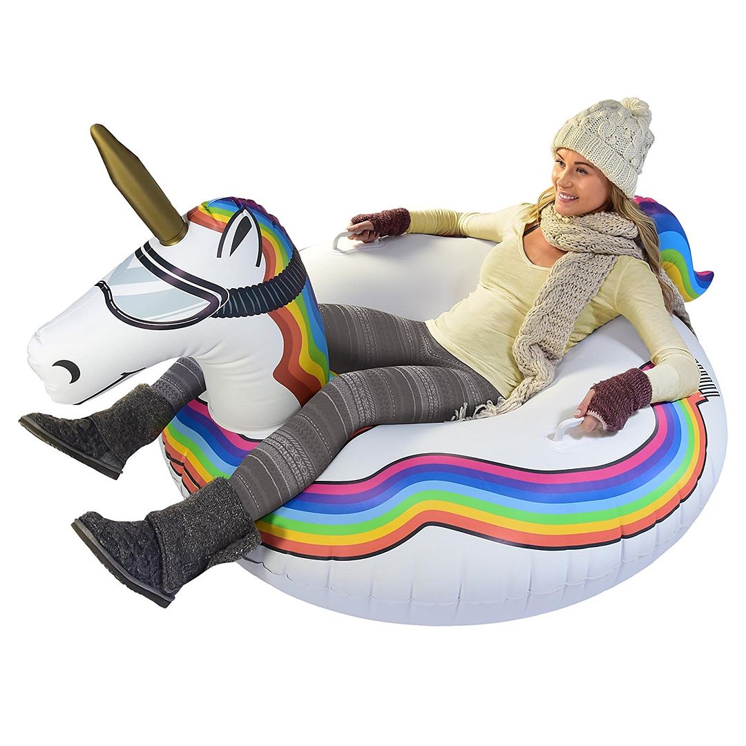 Cool snow tubes for kids: The Unicorn Snow Tube from GoFloats at Amazon is a magical ride.