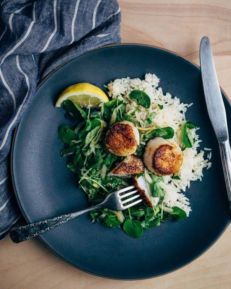 Cool Mom Eats weekly meal plan: Pan Seared Scallops with Watercress Salad and Jasmine Rice at Brooklyn Supper
