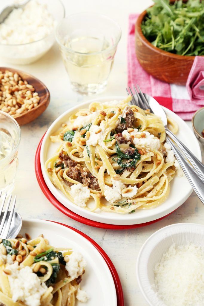Cool Mom Eats weekly meal plan: Creamed Spinach Pasta with Sausage and Pine Nuts at Joy the Baker