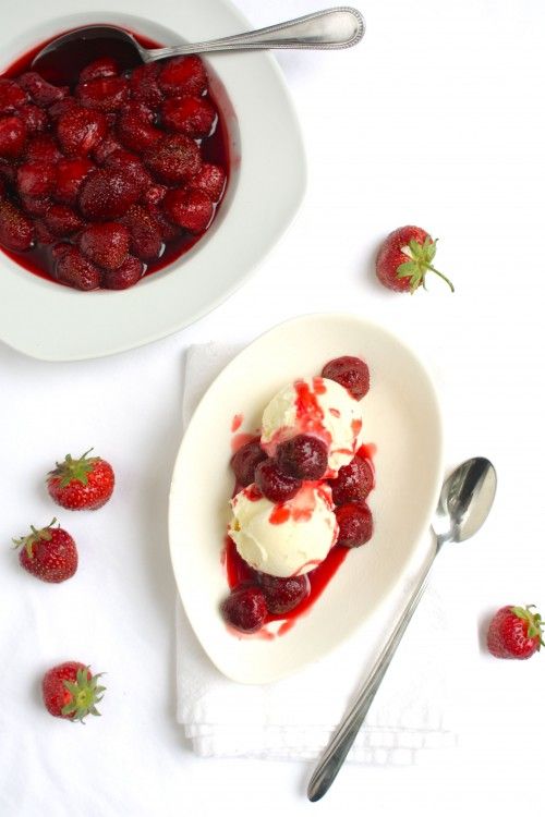Healthier ice cream topping ideas including this recipe for Roasted Strawberry Ice Cream Sundaes at Simple Bites