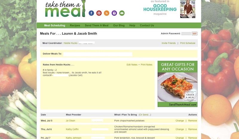 Best websites for coordinating meals: Take Them a Meal is bare-bones and easy to use.