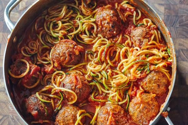 Vegetable noodles are one of our favorite greens that last longer than lettuce. Try them in a flavorful dish like One Pot Zoodles and Meatballs. | The Kitchn