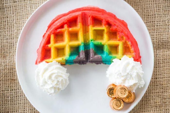 Rainbow recipes for St. Patrick's Day: Rainbow Belgian waffles at Dinner then Dessert