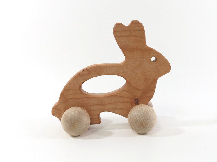 Cool bunny gifts for Easter: Wooden bunny push toy at Bannor Toys