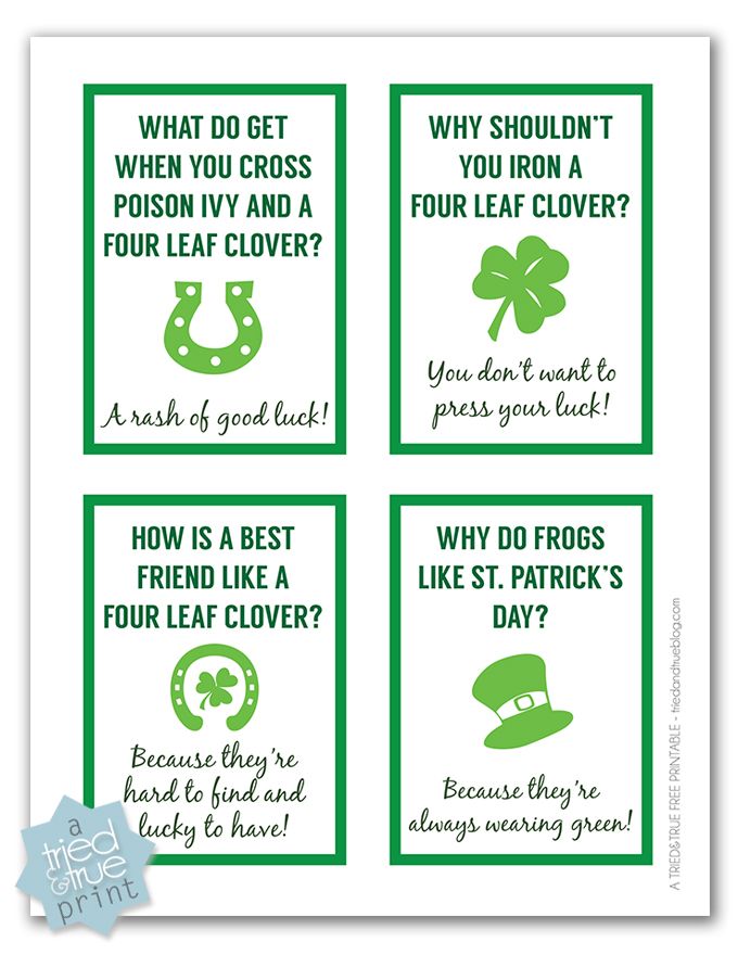 Free St. Patrick's Day printables: Fun Lunch Box Jokes by Tried and True