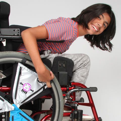 Wheelchair bags for kids from PunkinFutz look like cool bike wheel banners