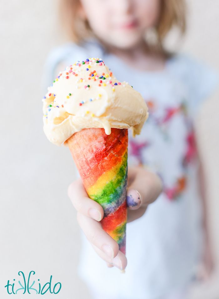 Easy rainbow crafts for kids: Watercolored ice cream cones at Tikkido