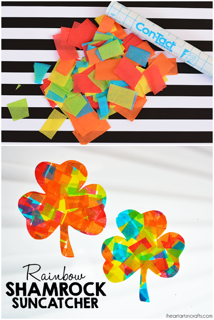 Easy rainbow crafts for kids: Shamrock sun catchers at I Heart Arts n Crafts