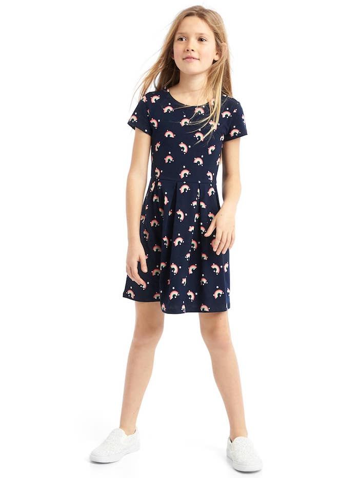 Rainbow dresses for girls: Print pleat dress at Gap