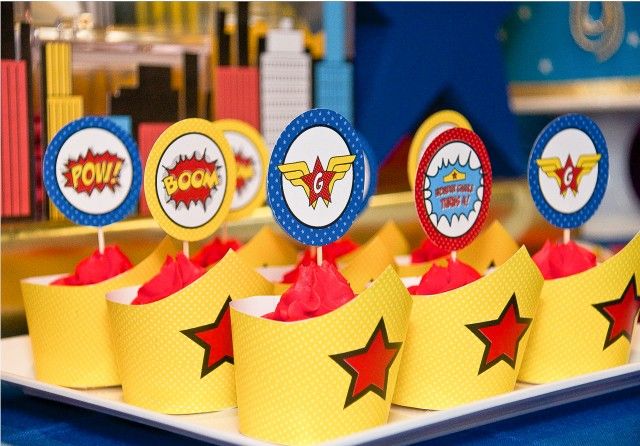 Superhero party themes for girls: Wonder Woman Cupcake Wrappers by Anders and Ruff