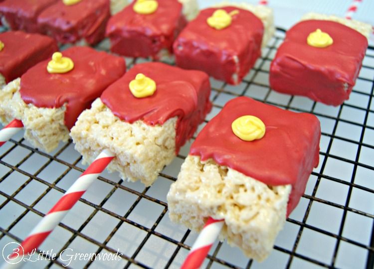 Superhero party themes for girls: Iron Man Cereal Treats by 3 Little Greenwoods