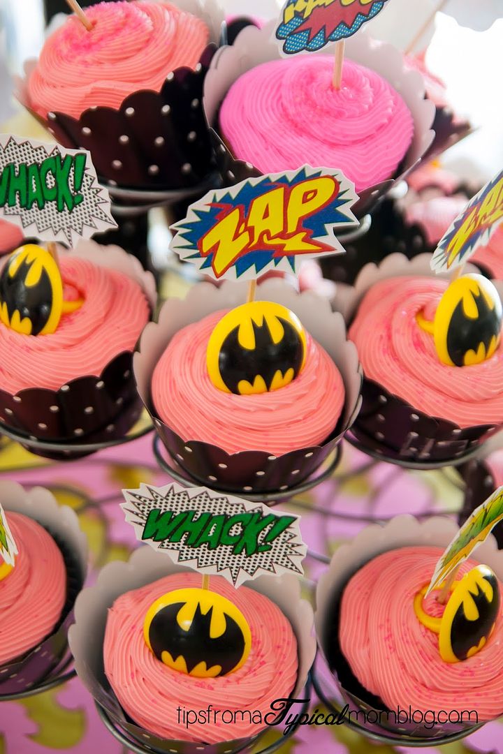 Superhero birthday party ideas our girls will love: Batgirl Cupcakes by Tips from a Typical Mom