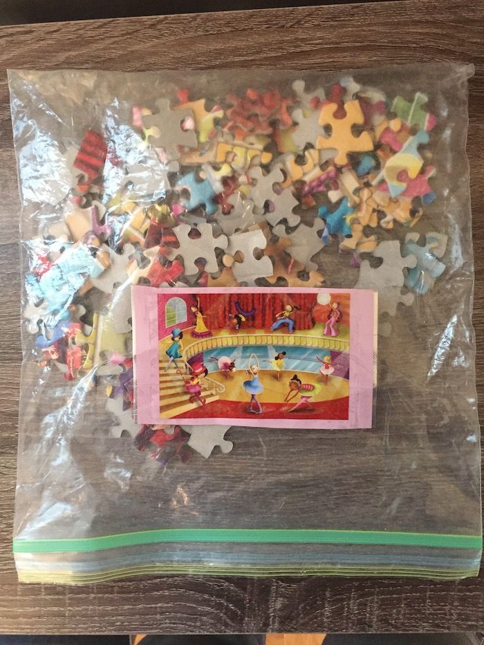 Surprising toy storage solutions: Clean gallon ziplock bags can be used to store puzzle pieces when the boxes have broken.