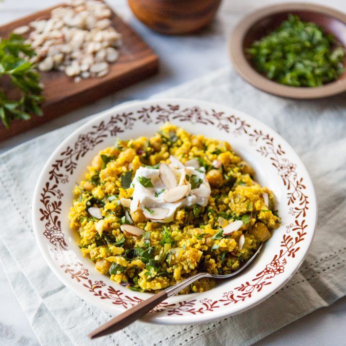 Cool Mom Eats weekly meal plan: Curried Cauliflower Couscous with Chickpeas and Chard at A Sweet Spoonful