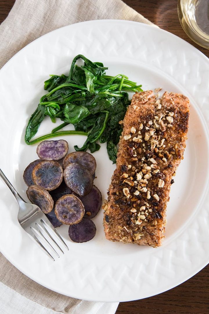 Cool Mom Eats weekly meal plan: Pecan Crusted Salmon with Sautéed Greens and Potatoes at The Kitchn