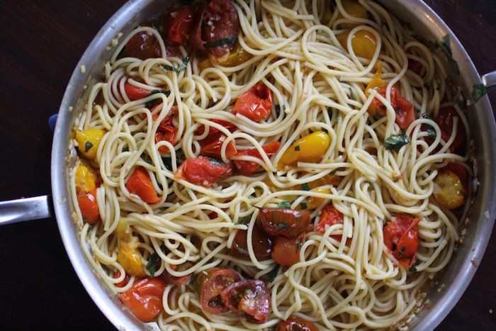 What I cook for my family -- and I'm a food professional: Spaghetti with Burst Tomato Sauce. | Cool Mom Eats