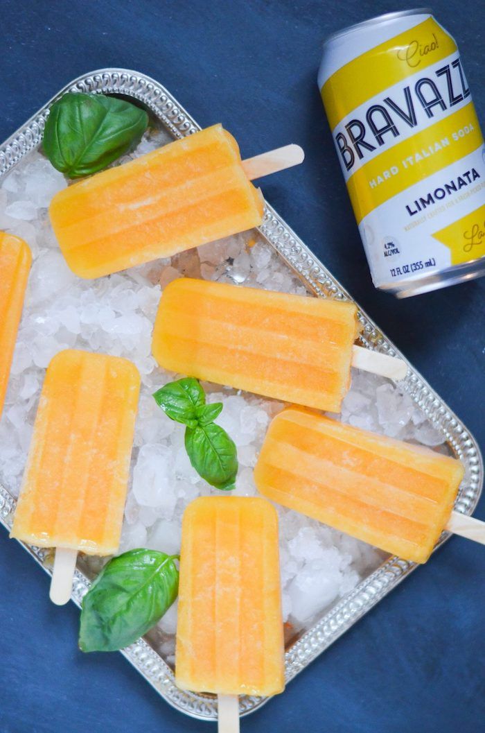 Gourmet Popsicle Recipes: Boozy Limonata Peach Basil Popsicles at My Modern Cookery