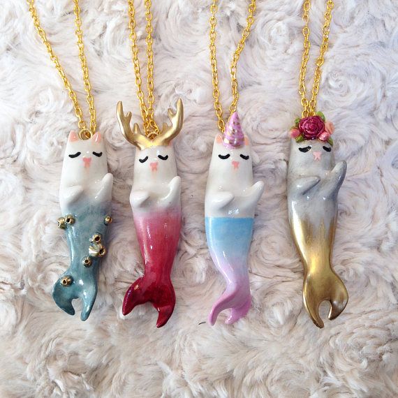 Cat-mermaid necklaces: AGirlAndHerCat