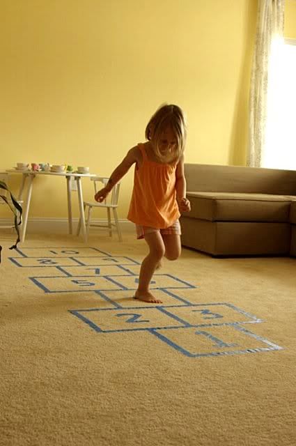 Rainy day indoor activities: Indoor Hopscotch Board idea from Like Mom and Apple Pie