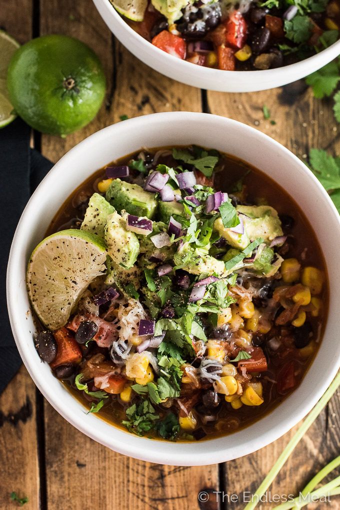 None of the meat, all of the flavor! Love this vegetarian Black Bean and Corn Chili with Avocado Salsa from The Endless Meal. 