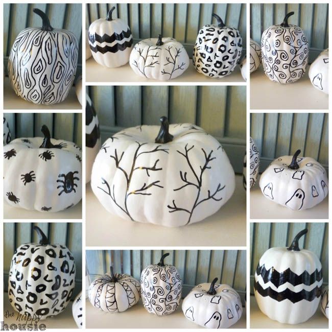Decorate pumpkins with black sharpie: Such a fun variety of Hand Sketched Sharpie Pumpkins at the Happy Housie.