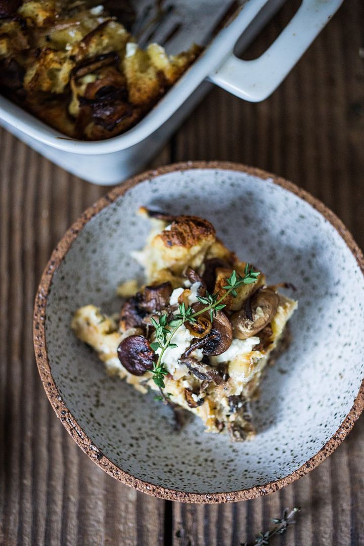 Prep ahead holiday breakfasts: Can't wait to try this classy, protein-packed Breakfast Strata with Mushrooms, Caramelized Onions, Goat Cheese & Thyme at Feasting at Home. 