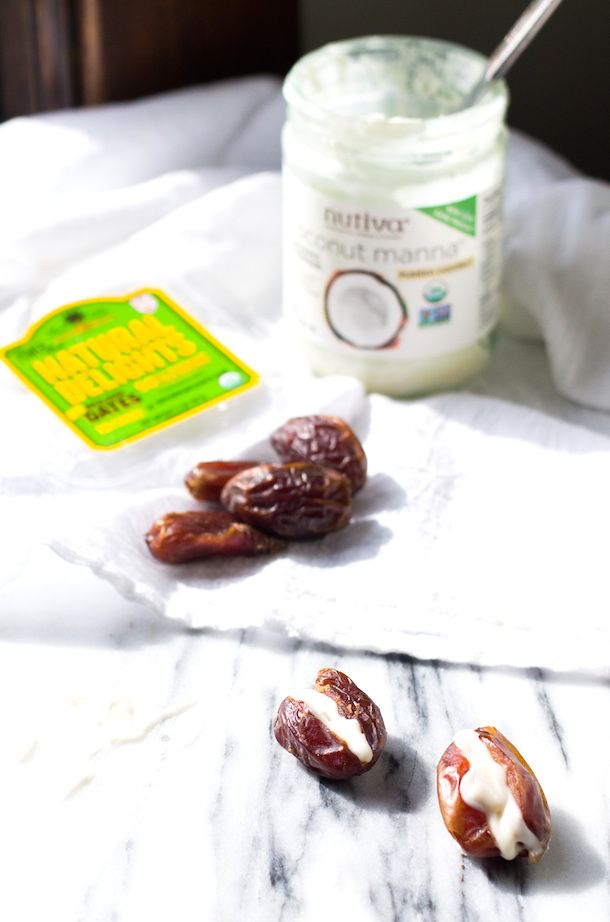 No-sugar-added after school snacks: Keep it ultra simple with these Coconut Butter Stuffed Dates that kids can even make themselves. | Heartbeet Kitchen
