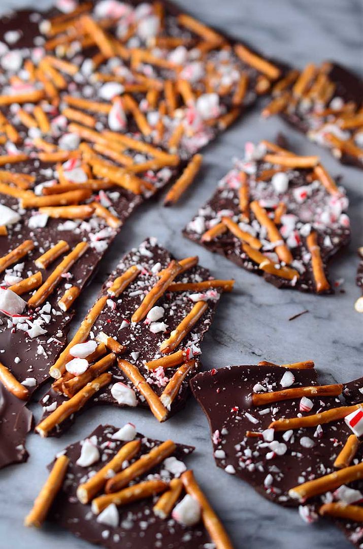 Candy cane recipes: Take a break from all the elaborate holiday cooking and try this simple Dark Chocolate Pretzel Peppermint Bark at Life's Ambrosia. 