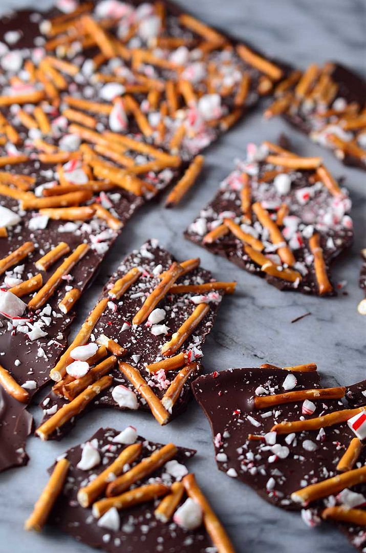 Candy cane recipes: Take a break from all the elaborate holiday cooking and try this simple Dark Chocolate Pretzel Peppermint Bark at Life's Ambrosia. 