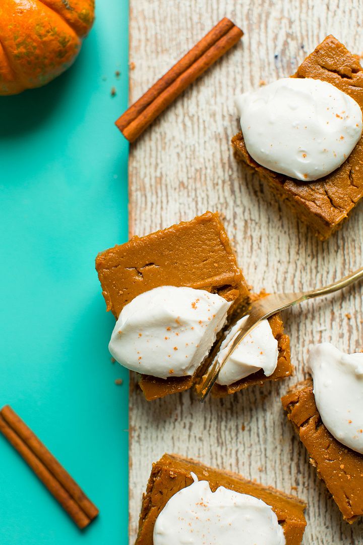 Thanksgiving dishes that travel well: Simplify your dessert with these easy, but still amazing, Creamy Pumpkin Pie Bars at the Minimalist Baker. 