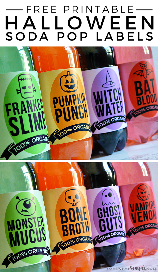 Free Halloween party printables: Try these funny cartoonish Printable Halloween Soda Pop Labels at Somewhat Simple for an instant party upgrade. 