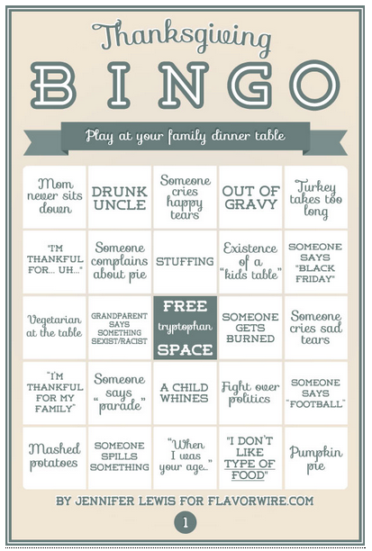 Last-minute Thanksgiving ideas: free Thanksgiving bingo game board at Flavorwire
