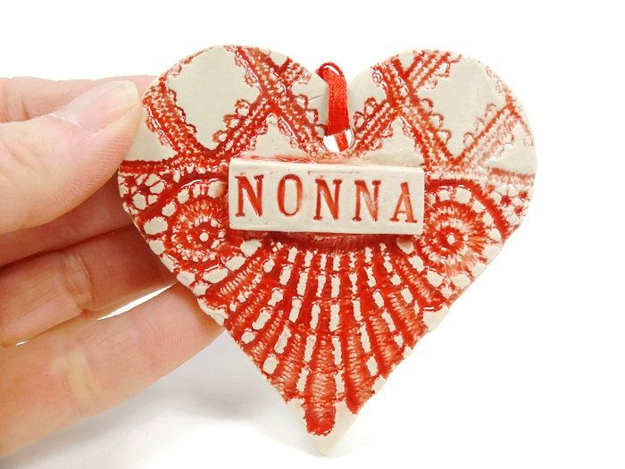 mother's day gifts for grandmas: Pottery nonna heart ornament at magic moon pottery on etsy